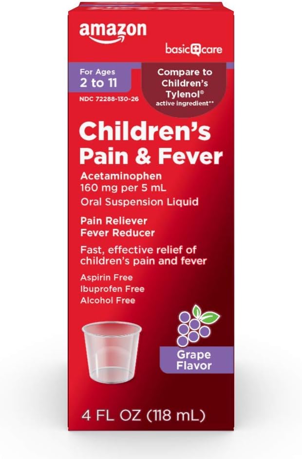 Acetaminofen dla dzieci w dawce 160 mg na 5 ml Zawiesina doustna, Flavor Grape, Reliever Pain and Fever Reducer for Headhead, Sore Throat and Toothache, 4 fl oz (opakowanie po 1)