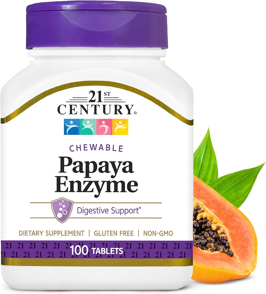 21 del segle Papaya Enzyme Chewable (100 comte), Papaya i Pinya Digestical Enzymes per a Gut Sanitat, tropic Flavor, No-GMO, Guten-Free, No s'ha afegit Salt, ASIV Flavors