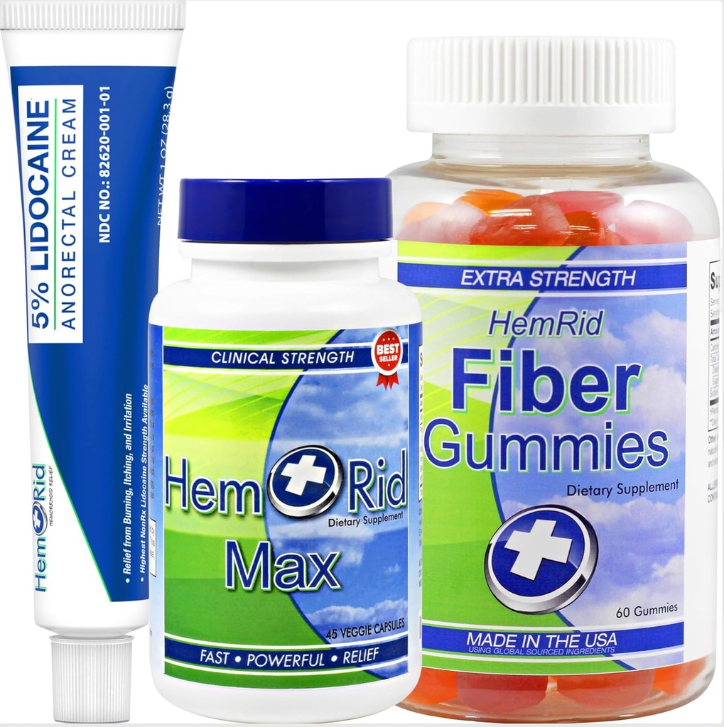 Hem Riud ระบบรองรับ Hemmoroid สมบูรณ์ – สูตร Max, Lidocaine ครีม & Fiber Gummies for Imeded & Long-Term Recection