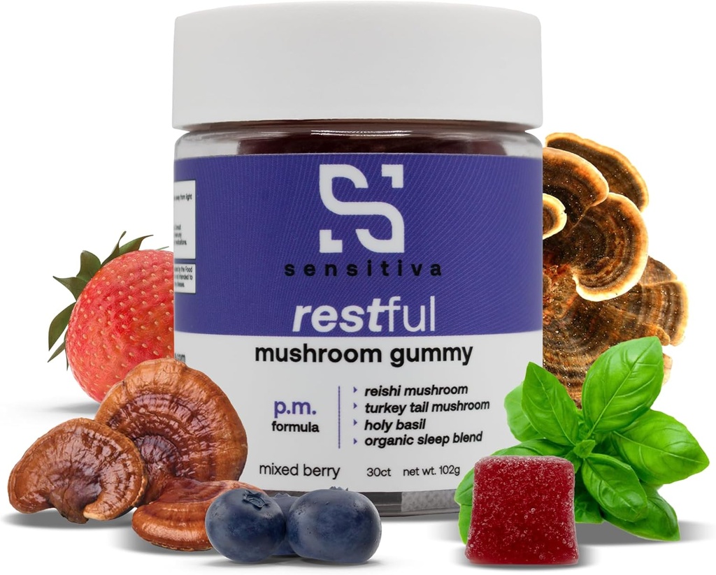 Sensitiva Restful Mushroom Gummies P.M. Formula - Reishi & Turkey Tail Mushroom Supplement Gummies, Mushroom Gummies for Sleep, Relaxation & Stressse Relief (amestecat Berry P.M. Formula)
