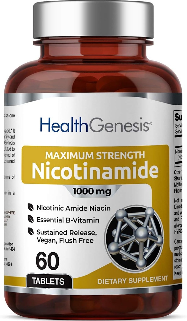B-3 Nikotinamid 1000 mg 60 flikar Extra Strength Slow Release - Natural Flush-Free Vitamin Formel | Gluten-Free Nicotinic Amide Niacin | Stöder hudhälsa | Cell Repair Support