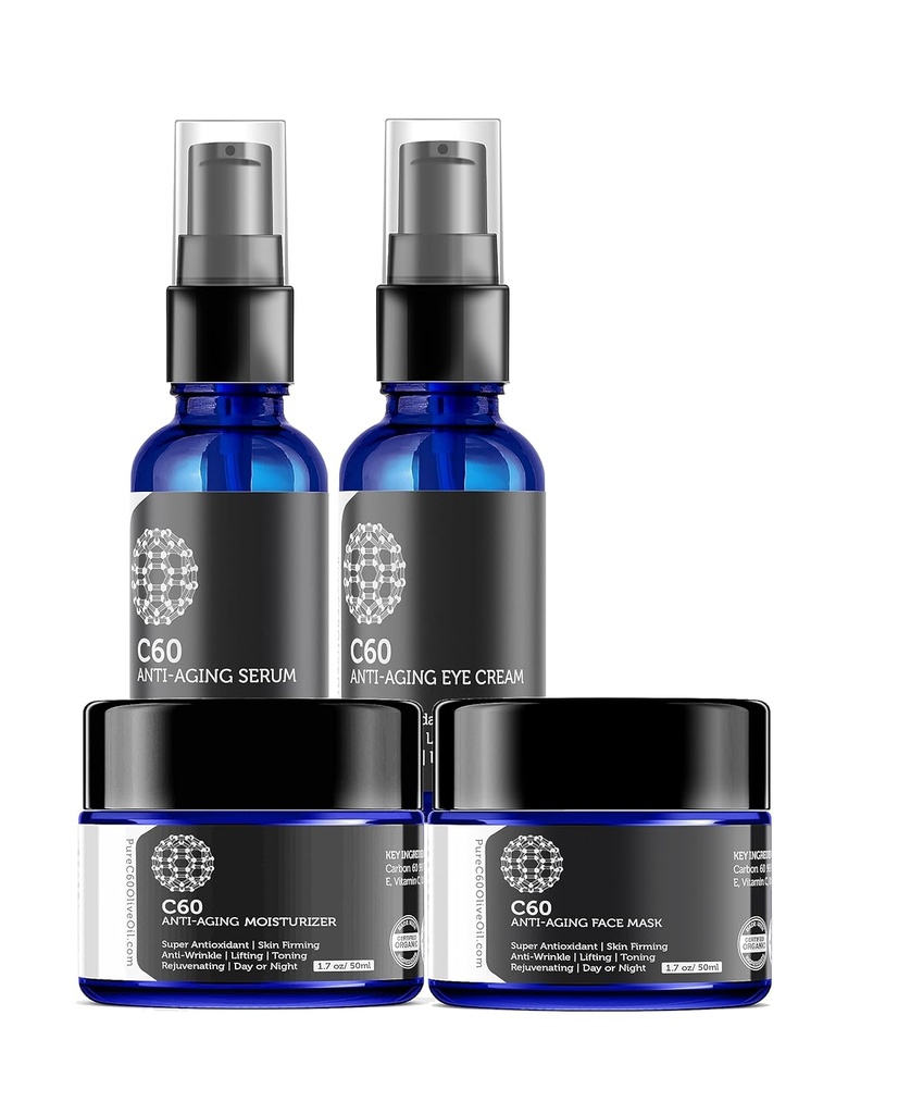 C60 Full Skin Care Solution - zahartzearen aurkako hidratatzailea, maskara, begi-krema eta Serum Carbon 60 Superantioxidatzailearekin - Orban Ilunetarako distira, Azaleko Tona, Begi-area, Lerro Ederrak eta Wrinkles