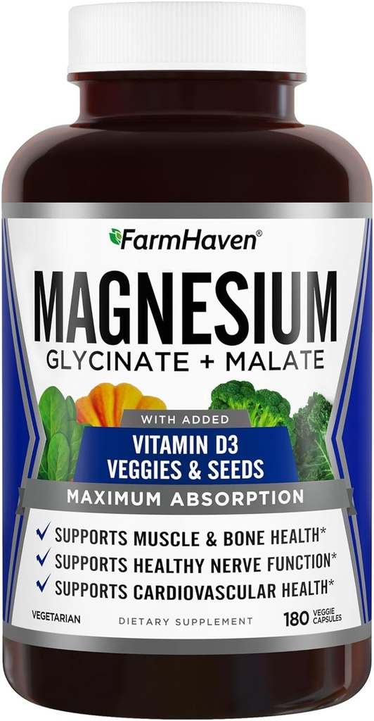 FarmHaven Magnesium Glycinate " Malate Complex w/Vitamin D3, 100% Chelated for Max Absorption, Vegetarian - Bone Health, Nerves, Muscles, 180 Capsules, 90 Days