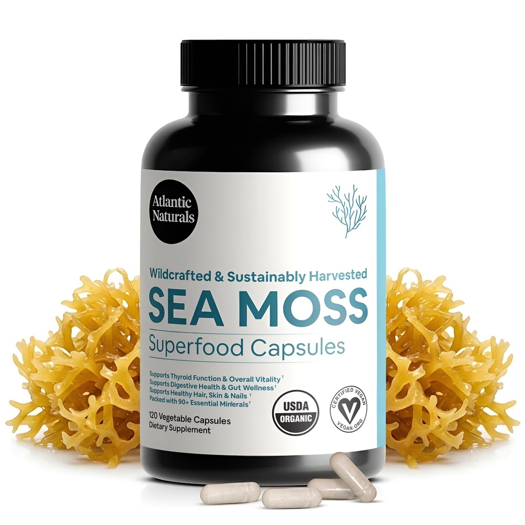Atlantic Naturals Superfood Organic Irish Sea Moss Capsules - 120 Veggie Capsules | Wildcrafted Organic Sea Moss Supplement for Men & Women | Better Than Sea Moss Gel | Support Immunity & Skin, 1000mg
