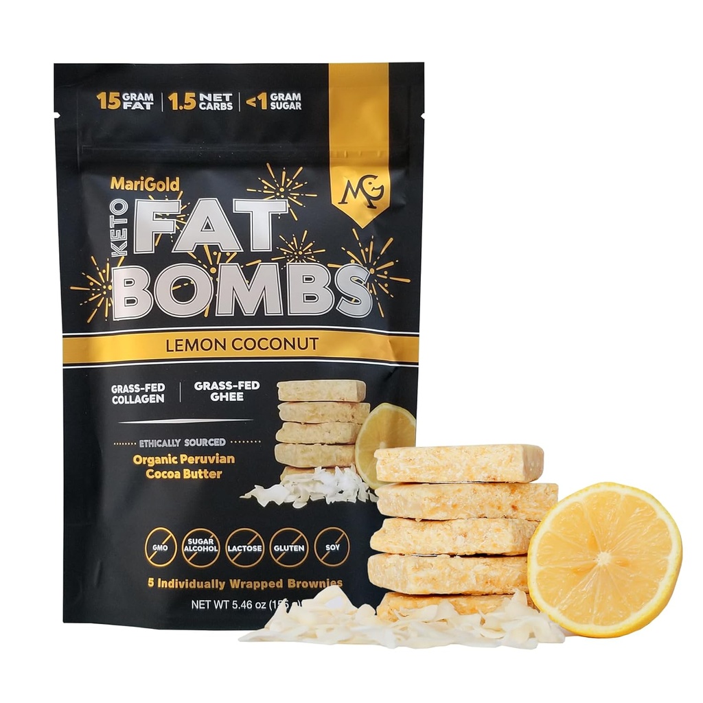 MariGold Keto Fat Bomben - Lemon Coconut - Low Carb, Collagen Rich, Grass-fed Ghee, Organic Cocoa Butter, Glutenfrei, Non-GMO (1 Tasche, 5 Servierungen)