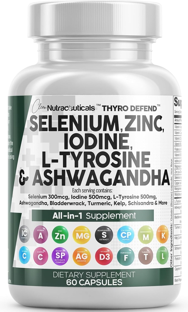 Ren Nutra Selenium 300mcg Iodine 500mcg Thyroid støtte for kvinner og menn | L Tyrosin 500mg Ashwagandha Supplement Bladderwrack, Turmeric, Kelp, Schisandra Zinc Pills Kapsel Kosttilskudd