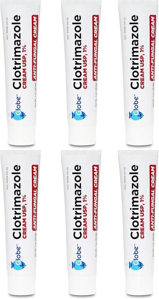 Globe (6 Pack) Clotrimazool Antischimmel Cream 1% USP, 1 oz, Anti Schimmelbehandeling, Verlicht Jeuken, Branden, Cracking en Schalen Geassocieerde Atleten Voet, Jock Itch, Ringworm en meer