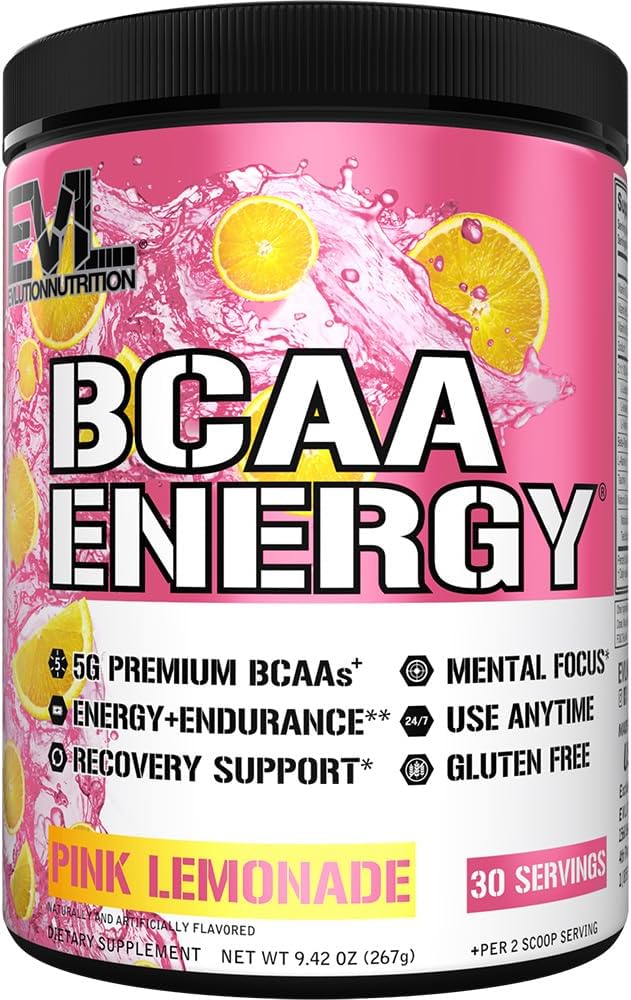 EVL BCAAs Amino Acids Powder - BCAA Energy Pre Workout Powder para a recuperación muscular Lean crecemento e resistencia - Rehidratación post-ade de bebidas con cafeína natural - Lemonade rosa
