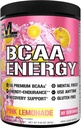 EVL BCAAs Amino Acids Powder - BCAA Energia Pre Workout Powder Muscle Recovery Lean Growth and Endurance - Rehydrating Post Workout Recovery Drink with Natural Caffeine - Pink Lemonade
