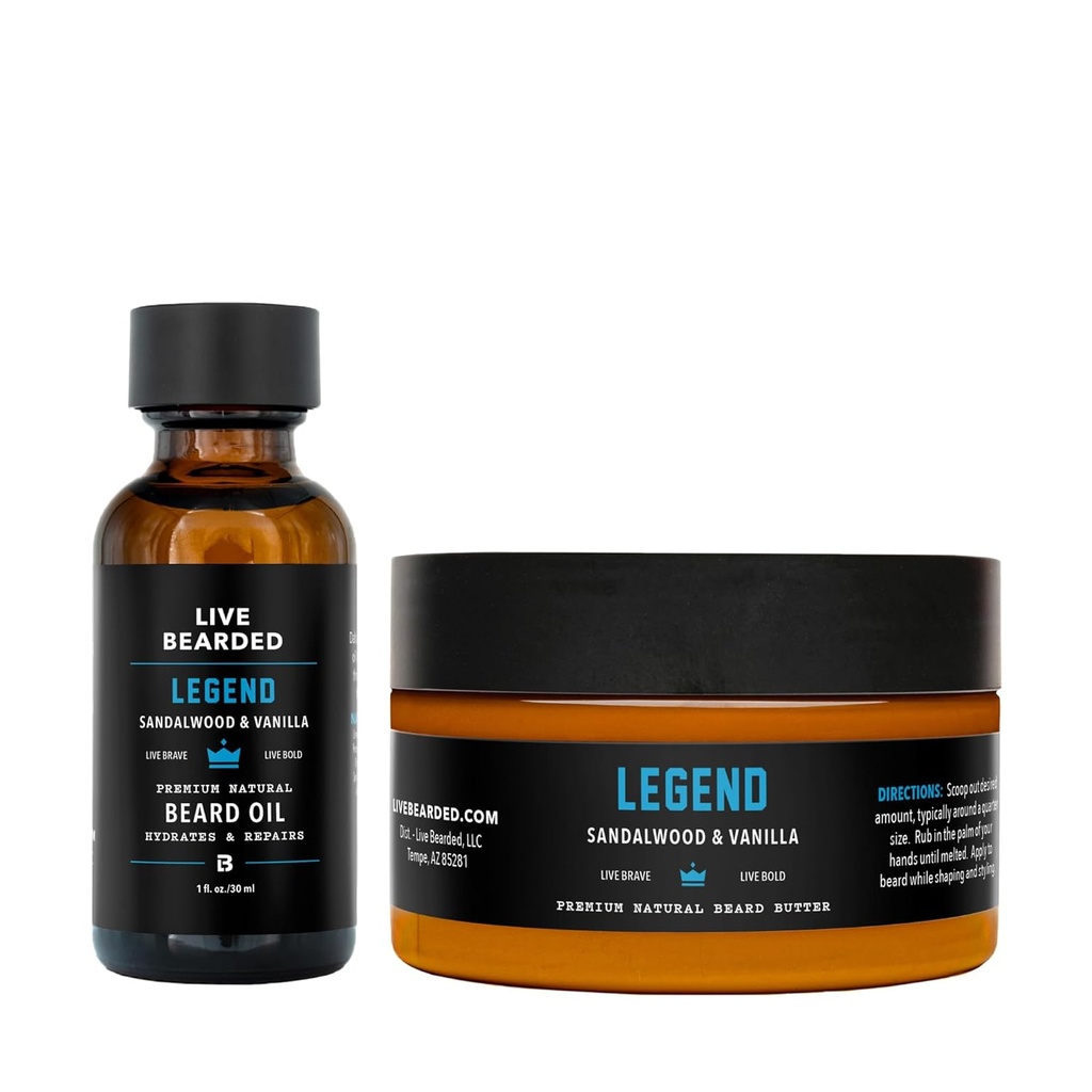Live Beard Oil and Butter Grooming Kit - Made in the USA - All-Natural Ingreations with Shea, Argan, Jojoba - Growth Dukung 126; Legend Scent - Sandalwood, Vanilla
