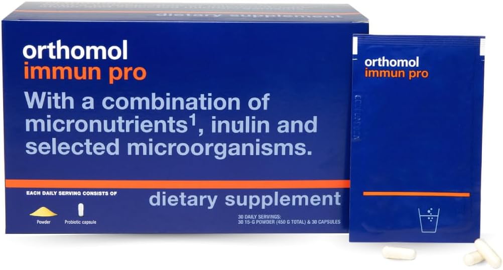 Orthomol Immun Pro, Immuunituki, Probiootti Gut Health Supplement, Inulin Prebioottikuitu, 30 päivän toimitus, A-vitamiini, B, C, D, E, Sinkki, Jodi, Probiootit naisille ja miehille, Päivittäinen jauhe & Kapseli