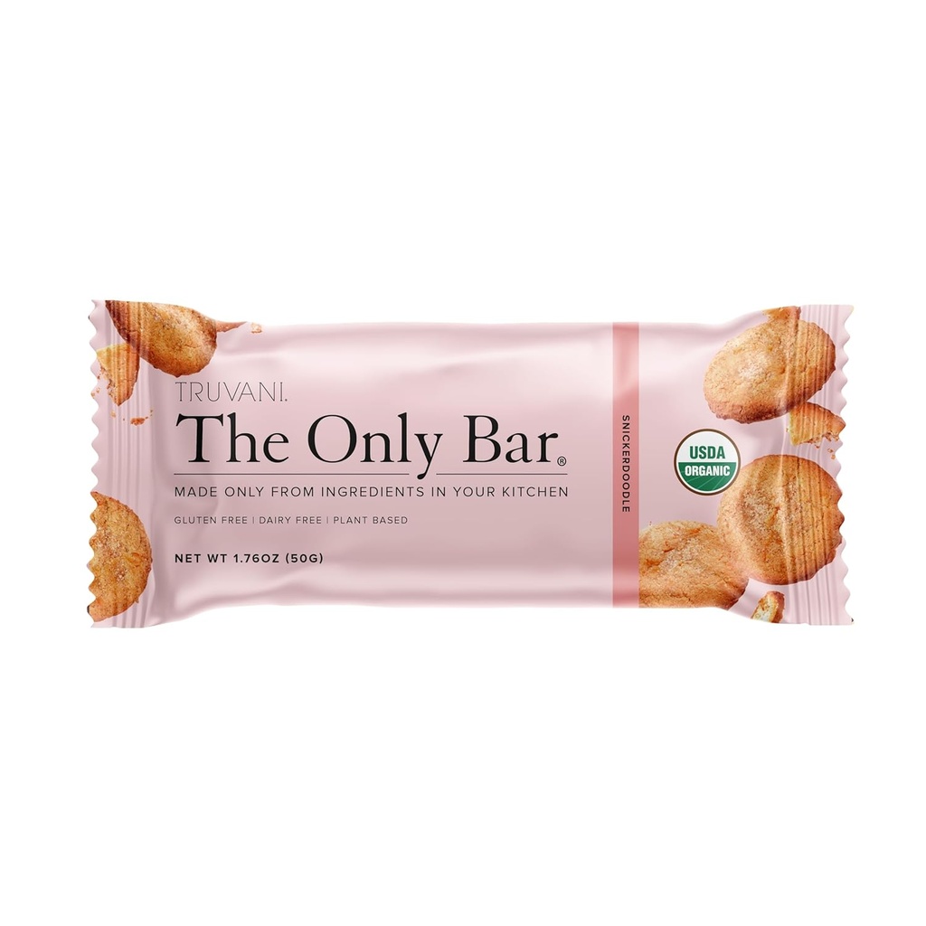Truvani Plant Based Snack Bars 124; Snickerdoodle 1 Pack Shup 124; 5g Protein Shup 124; USDA Organic and Vegan Shape 124; Den eneste Bar Shape 124; Dairy, Soy, og Gluten Free Shape 124; Individuelt indpakket