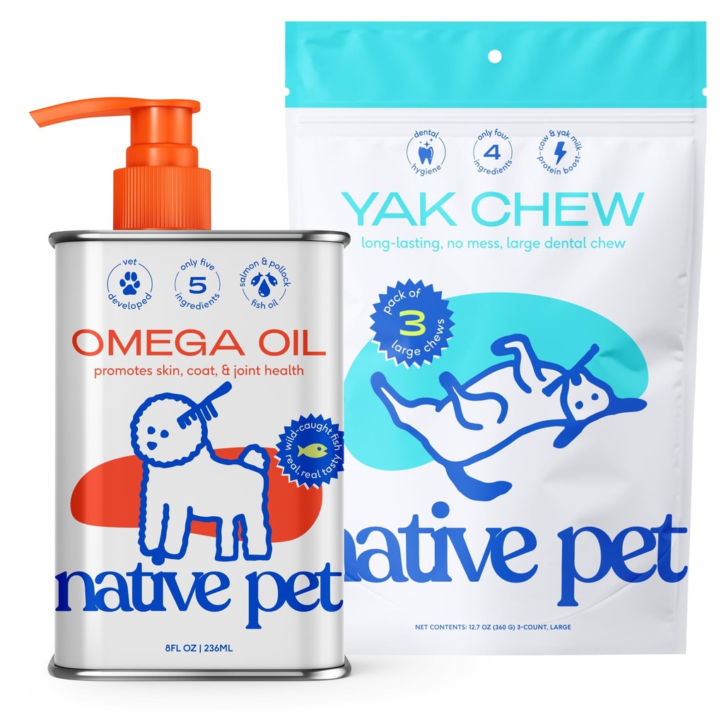 Native Pet Omega Oil for Dogs - Dog Fish Oil Supplements 8 Oz & 3 Large Yak Chews for Dogs | Pasture-Raised and Organic Yak Cheese Himalayan Churpi Chews