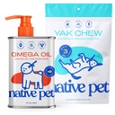 Native Pet Omega Oil for Dogs - Dog Fish Oil Supplements 8 Oz & 3 Large Yak Chews for Dogs | Pasture-Raised and Organic Yak Cheese Himalayan Churpi Chews
