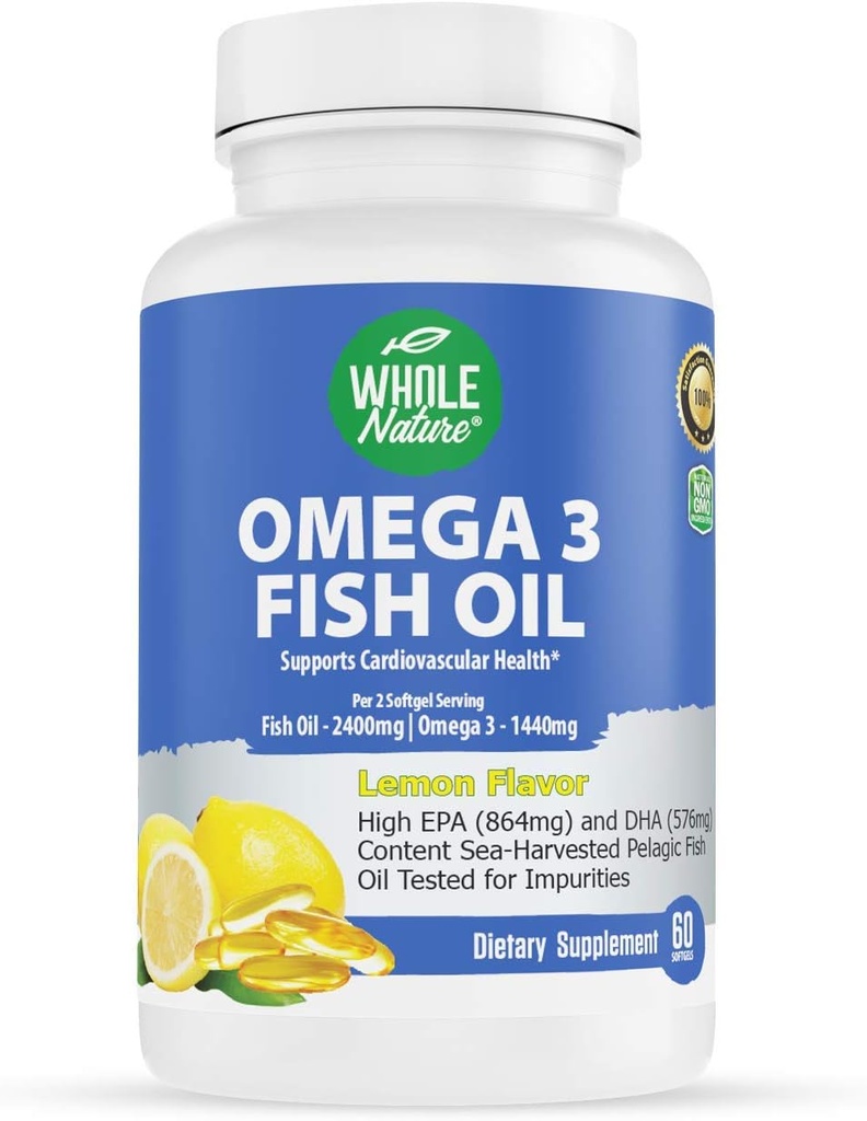 Omega 3 Fish Oil supplements, Maximum Strength 2400 mg Omega-3, 1440mg Fish Oil, EPA DHA Fatty Acids, Heart Health, Vision, Eye, Brain, Immune Support for Women " Natural Lemon Flavor, 60 ct (1)