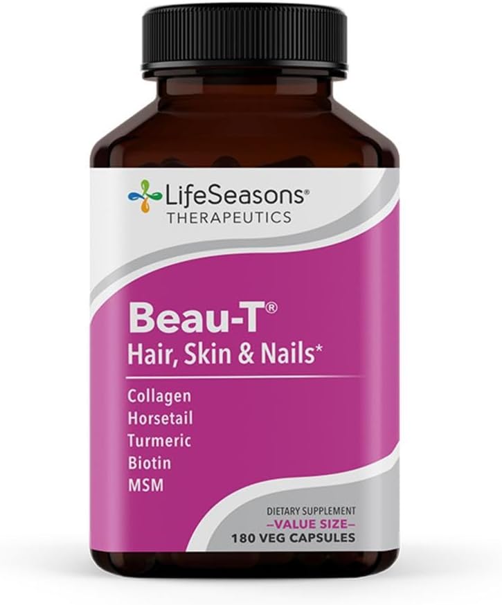LifeSeasons Beau-T - Ile, Nail eta Azal Gehigarria - Ile osasuntsu eta Nail Hazkundea sustatzen du - Azal Garbia eta Borrokak Acne - Nail Strengthener - Biotin Collagen Turmeric dauka - 180 kapsula