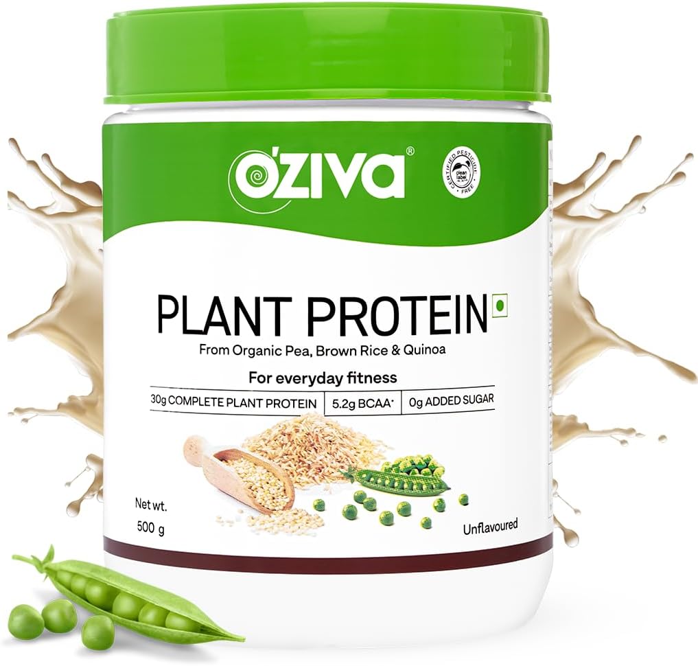 OZiva Organic Plant Protein Powder | 500 Gm | (30g Vegansk Protein - Pea Protein a, Brown Rice Protein & Quinoa, Soja Gratis) for daglig Fitness, Boosts Immunity, Unflavored (1,1 lb)