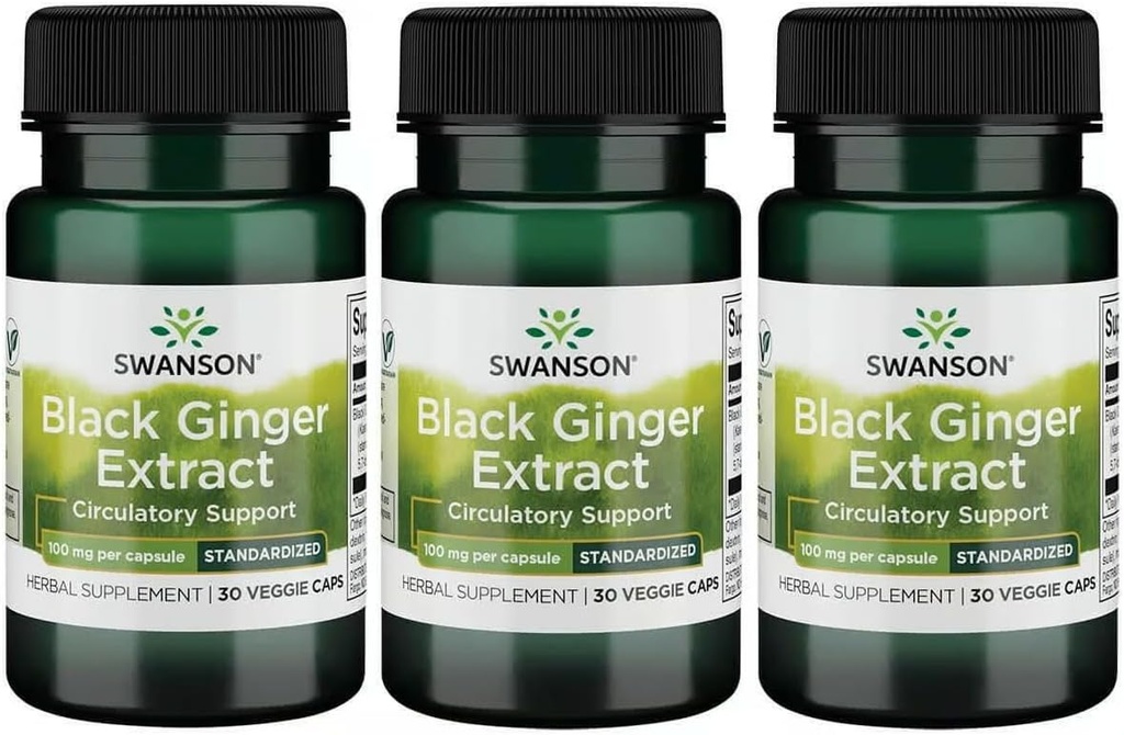 Swanson Black Ginger Extract - Främjar hälsosam blodcirkulation och fysisk Vigor - Kan hjälpa hjärthälsa, muskelvävnad och mentalt välbefinnande - (30 Veggie kapslar, 100mg varje) (3 Pack)