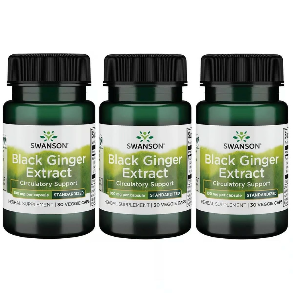 Swanson Black Ginger Extract - Promotes Healthy Blood Circulation and Physical Vigor - May Aid Heart Health, Muscle Tissue, and Mental Wellbeing - (30 Veggie Capsules, 100mg Each) (3 Pack)