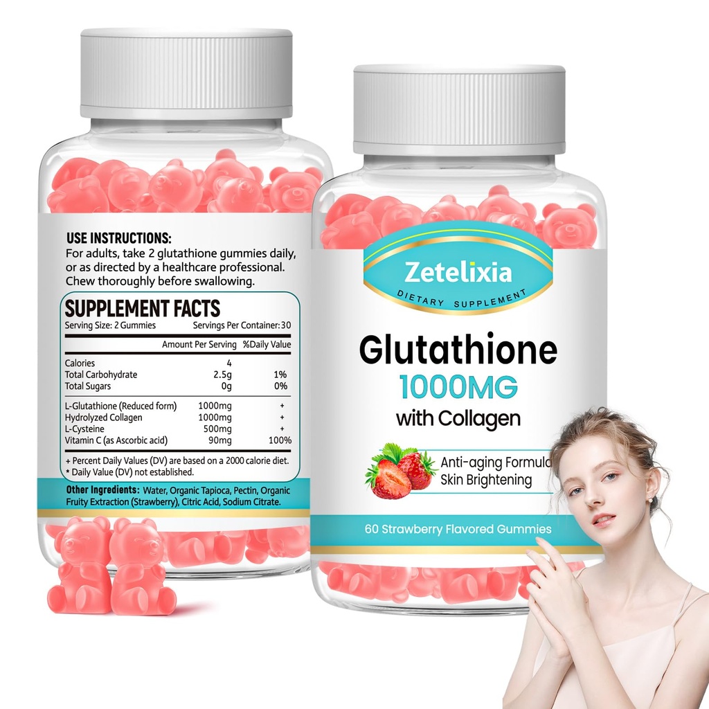 2 Pack Glutathione Collagen Gummies, Collagen Gummies with Vitamin C, Glutathione Supplement for Women, Hair Skin Nails Muscle & Joint, Anti-Aging, Vegan, Sugar Free, Strawberry Flavor, 120 Count