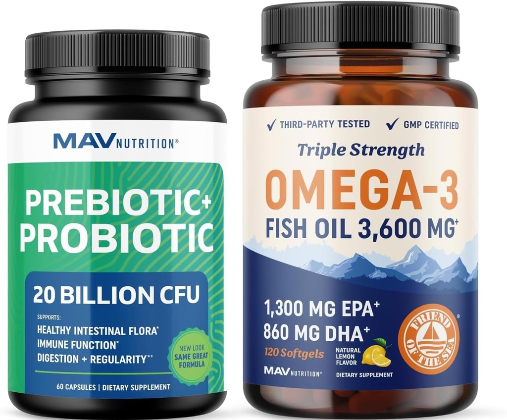 Omega 3 Fischöl und Probiotische Kapseln | Dreifache Stärke EPA & DHA mit Probiotic Gut Health & Immun Support Supplement | Umfassende Wellness Bundle