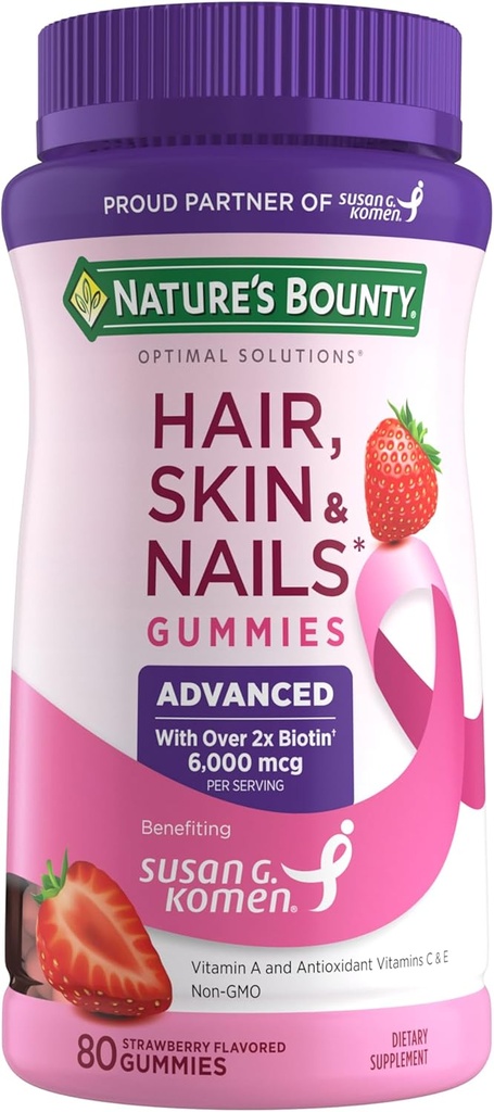 Nature's Bounty Optimal Solutions Advanced Hair, Skin, Nails, 2X Biotin, 80 Strawberry Gummies, 40 Total Servings