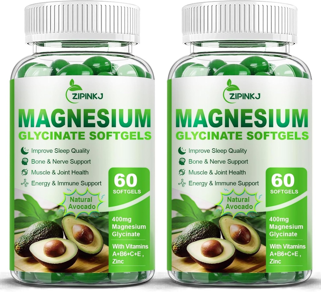 Alta absorción Magnesio Glycinate Softgels, suplementos de magnesio 400mg con Zinc, vitamina E, B6 para homes, mellorar o sono, relaxación muscular e saúde ósea, Gluten-Free, Non-GMO, 2 Pack