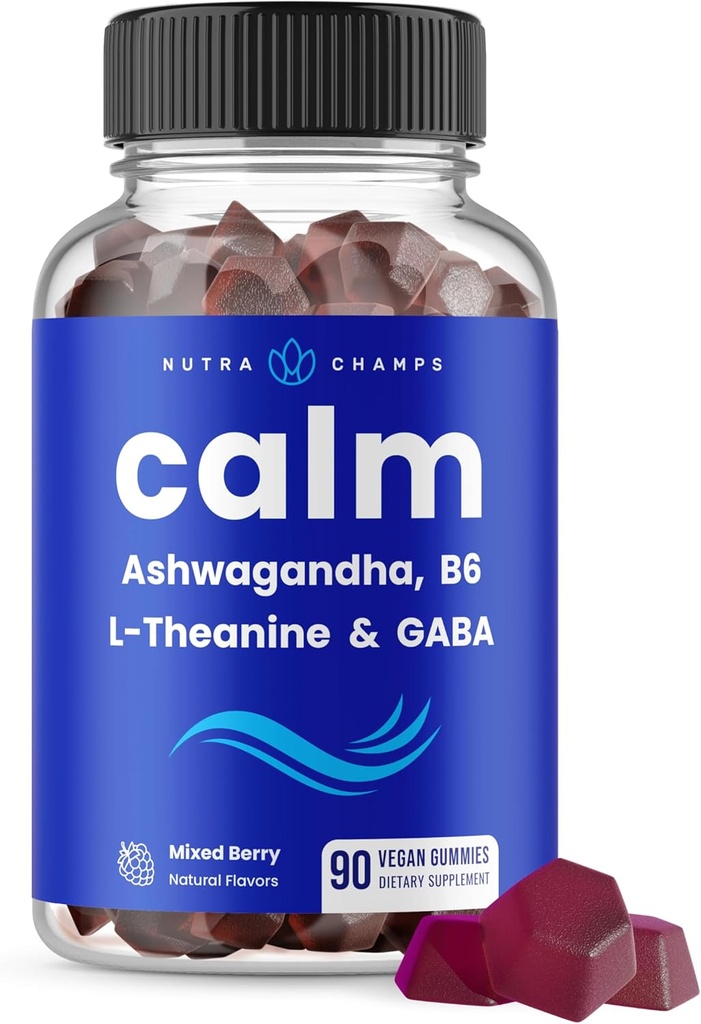 NutraChamps Calm Gummies, Stress Gummies Supplement med Ashwagandha, L-Theanine, GABA, Vitamin B6 & Lemon Balm, Stöder Mood, Fokus & Stress Relief, Natural Berry, 90 Gummies