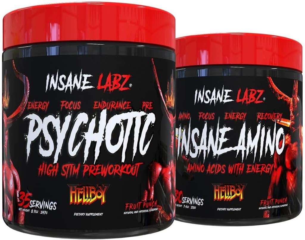 Insane Labz Hellboy Bundle, Psychotic Hellboy Pre тренировка и Insane Amino BCAA, увеличаване на мускулна маса, сила, фокус и време за възстановяване, Плодов пунш