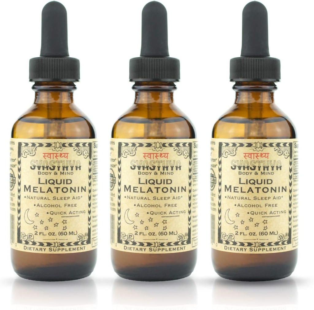 Svasthya Corpo & Mente Melatonina Líquida - Promove o Sono Natural - Álcool Livre para Adultos e Crianças, Feito nos EUA, GMP, 2 oz - 3 Pack