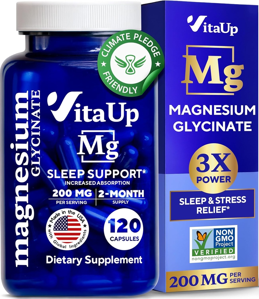 Magnesium Glycinate 200mg - USA Made Magnesium Supplement for Sleep, Heart, Bones, Metabolism Support - Hohe Absorption Magnesium Bisglycinat Kapseln - 120 Vegan Chelat Kapseln