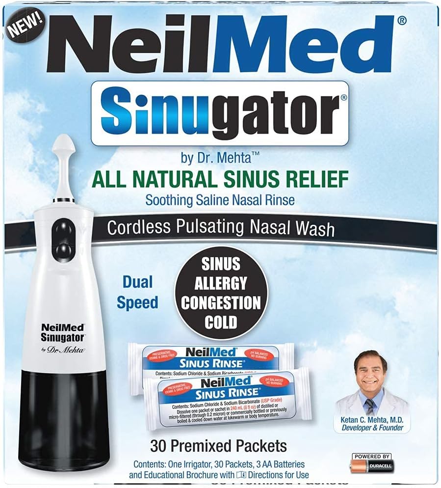NeilMed Sinugator Cordless Pulsating Nasal Irrigator (Dual Speed) με 30 Premixed Packets και 3 μπαταρίες AA - Μαύρο (Pack of 1)