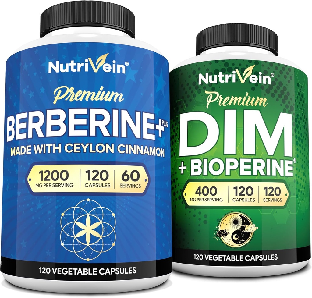 Nutrivena Premium DiM & Berberine Suplemen Bundle: Tinggi-Absorpsi Berin & DIM Suplemen dengan Bioperin - untuk keseimbangan Hormonal, Peraturan Digetical, Metabolisme, & Overall Wellness