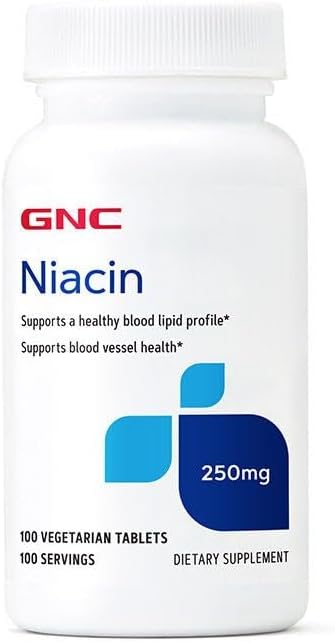 GNC Niacin 250mg, Ondersteunt Blood Vessel Health, 100 Vegetarische Tablets