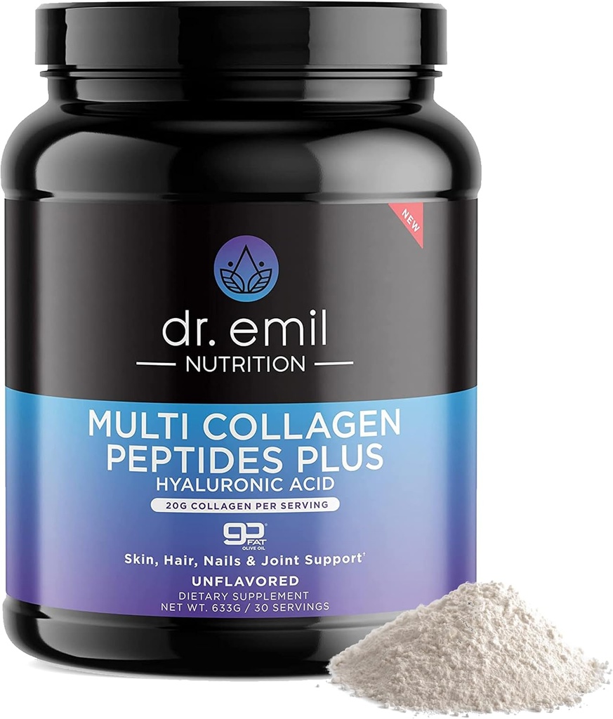 DR. EMIL NUTRITION Multi Collagen Peptides Powder - 20g de proteína de coláxeno hidrolizado non flaxelado po con ácido hialurónico para cabelo, pel, unhas e articulacións - 30 Servimentos
