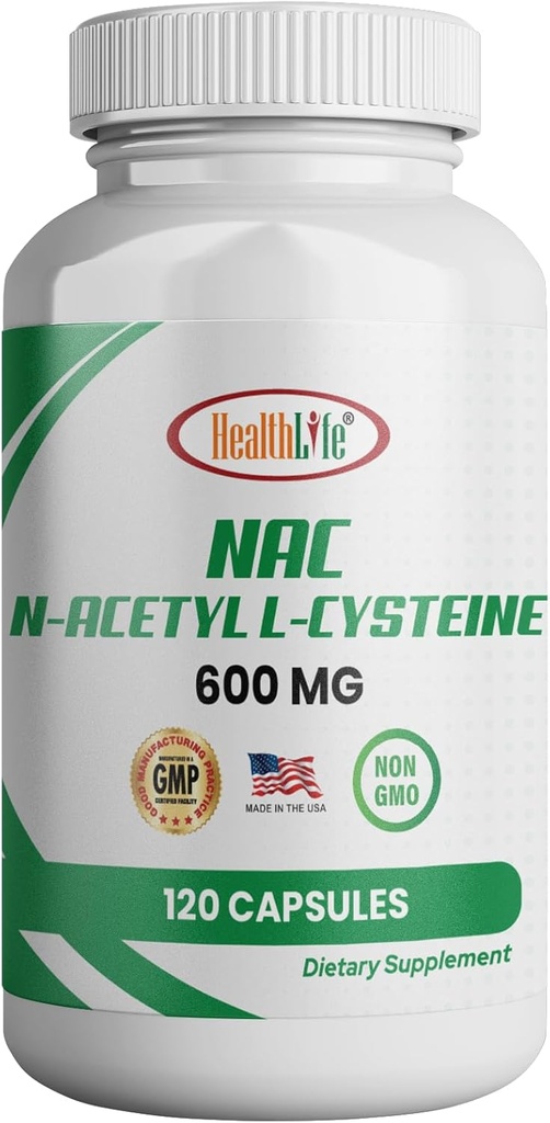 HealthLife N-atsetüül L-tsüsteiin (NAC) 600mg, 120 kapslit - mitte-GMO, Gluteenivaba, 120 serveerimist