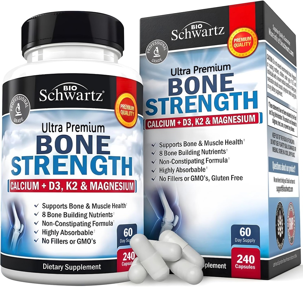 BioSchwartz Bone Strength supplement - Gentle Non-Constipating Bone Health supplement for Women &apos; Men with 9-in-1 Complex with Calcium Magnesium Zinc D3 K2 &apos; More - 3rd Party Tested - 2 Months