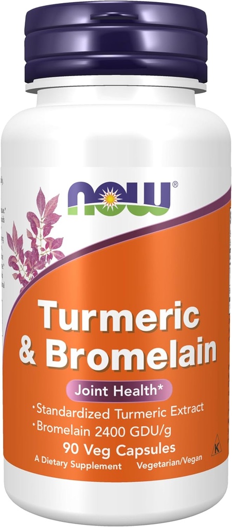 NOW Integratori alimentari, Turmerico & Bromelain (Estratto di curcuma standardizzato) con Bromelain 2400 GDU/g, 90 capsule di veg