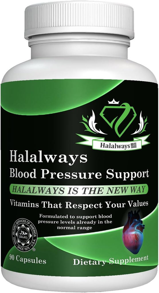 Halalways Blood Pressure Support Certified Halal Supplement Natuurlijk BP Ondersteuning met Knoflook Bulb Poeder, Hawthorn Berry, Green Tea Leaf & Hibiscus Vitamines voor gezonde hypertensie (BP)