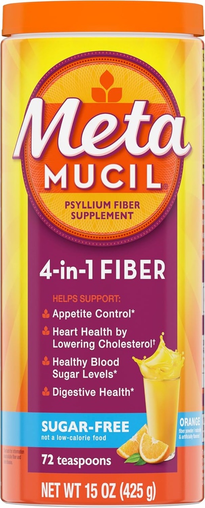 Metamucil 4in-1 Psyllium Husk סיבים תוסף, Sugar-Free, 72 Teaspoons, Orange Flavored, Daily סיבים אבק לבריאות העיכול, שנעשו עם Psyllium Husk סיבים