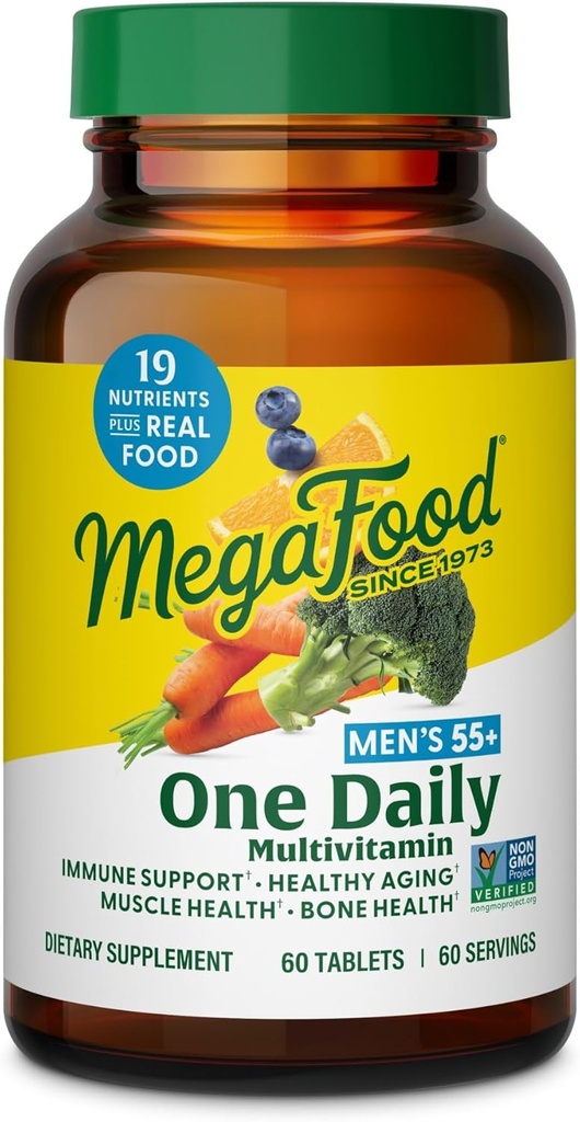 MegaFood Uomo 55+ Un Quotidiano - Multivitaminico per Uomo con Vitamina B12, C, D & Zinc - Integratore di Supporto Optimal Aging & Immune - Vegetariano - Fatto Senza 9 Allergeni Alimentari - 60 Tab