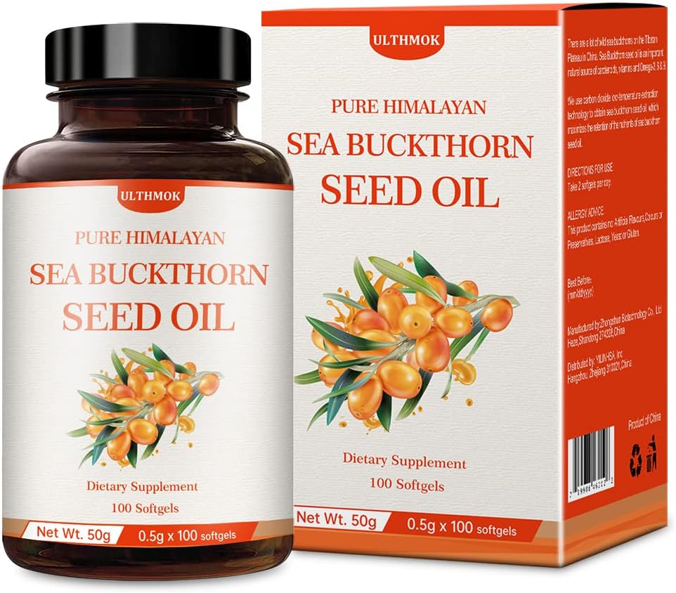 ULTHMOK Premium Sea Buckthorn Seed Oil,100% Seed Oil,100 Softgels " 100 x500mg, Non-GMO, Gluten Free.
