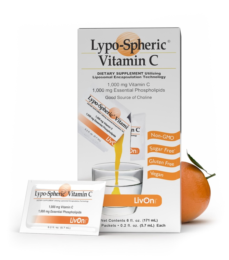 LivOn Laboratories Lypo–Spheric Liposomal Vitamin C 1000mg - No Sugar, Immune Support, Plant Based - Easy to Swallow, Absorbable - Non–GMO, Gluten Free (0.2 fl oz Individual 30 Packets)