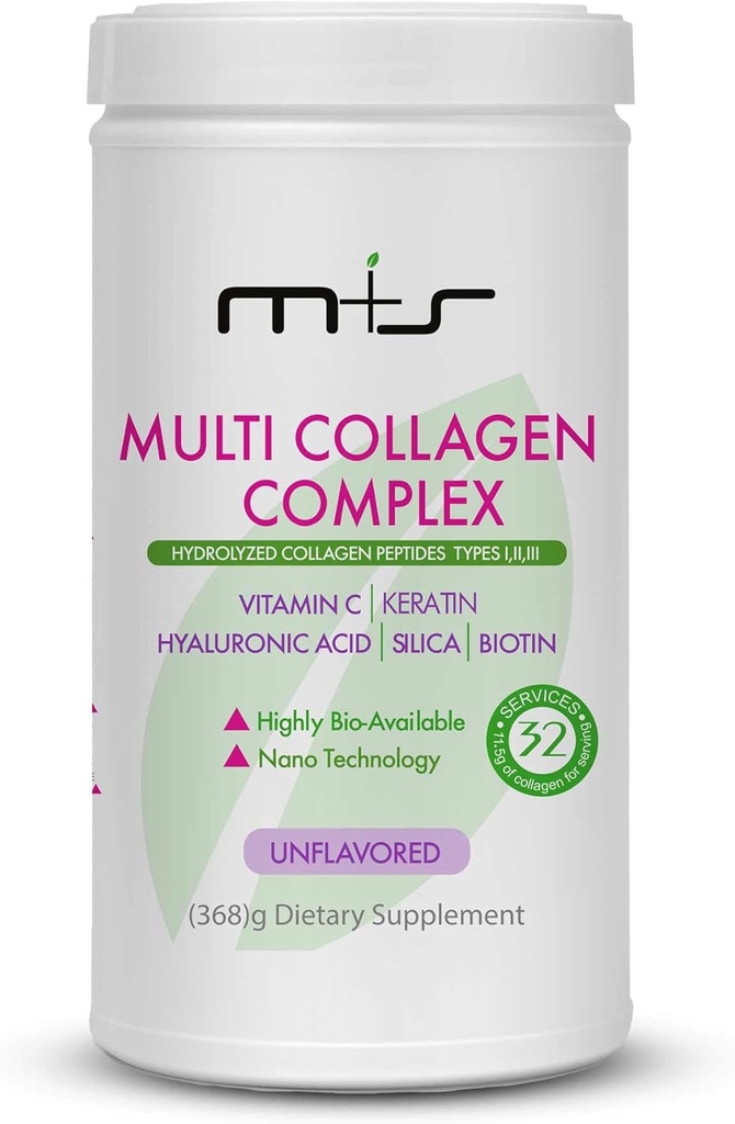 Complexo de colágeno M+S - péptidos de coláxeno hidrolizado, tipos I, II, III para pel, pelo, unhas e articulacións - con vitamina C, ácido hialurónico, queratina, biotina e silica (Unflavored)