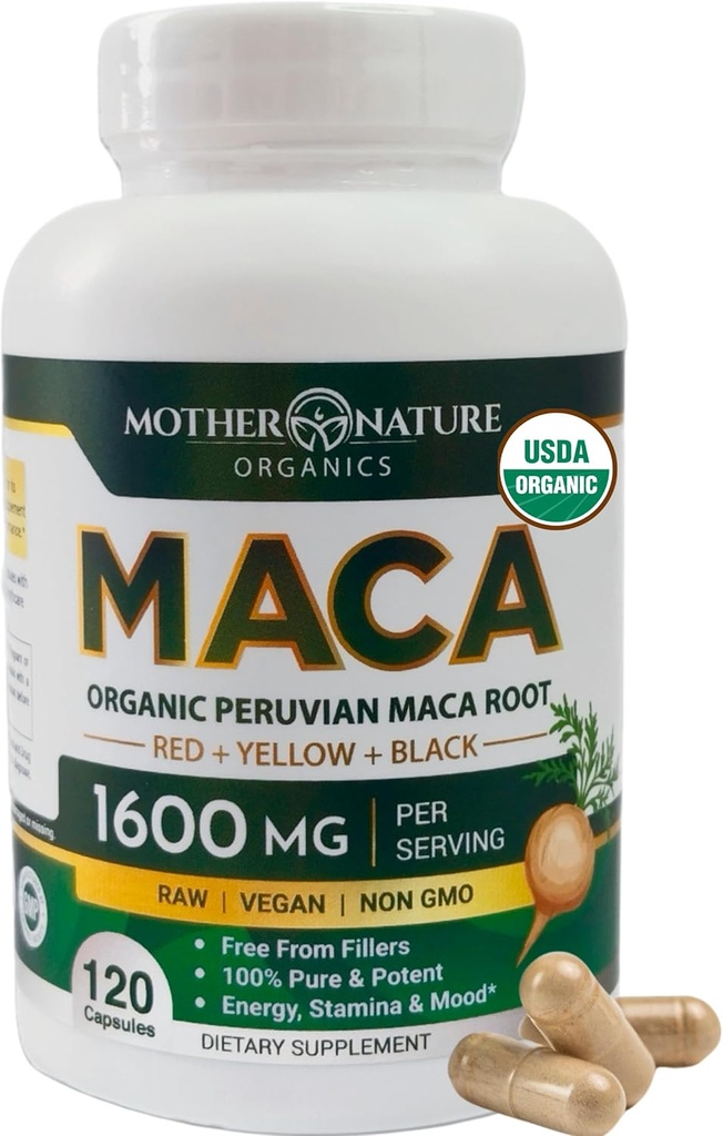Mãe Natureza Orgânico Maca Raiz Cápsulas – 1600mg, 120 Cápsulas Vegan – Não OGM Peruano Amarelo, Vermelho e Preto Maca para homens e mulheres - Energia, Hormônio, Cérebro e Peso Bem-Estar