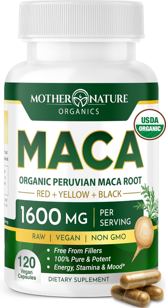 Mother Nature Organic Maca Root Capsules – 1600mg, 120 Vegan Capsules – Non GMO Peruvian Yellow, Red & Black Maca for Men & Women - Energy, Hormone, Brain & Weight Well-Being