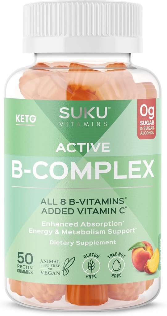SUKU Vitamin B Complex Gummies con vitamina C - Sugar Free Vegan 8 B Vitaminas Complexo Gummy Suplemento aumenta o desenvolvemento celular, mellora a formación de metabolismo e coláxeno, Peach Flavour (50 Gummies)