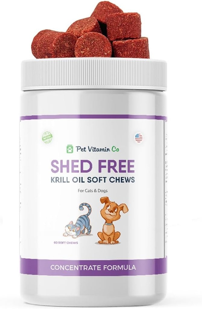 Krill Oil Shed- Free Soft Chews - Giảm cường độ & ngứa - Giàu trong Omega 3 & Antioxidt - cải thiện da và Coat - Làm ở USA - 60 gấu mềm