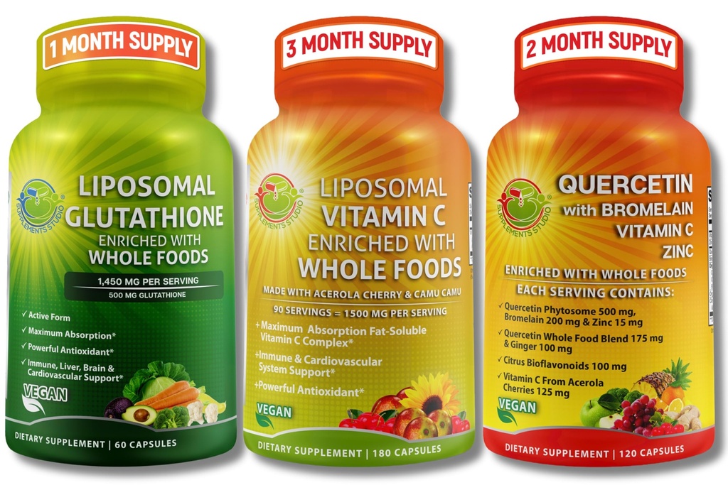 SUPPLEMENTS STUDIO High Absorption Antioxidant & Immune Support Bundle – Liposomal Vitamin C 1500mg + Glutathione 500mg + Quercetin with Bromelain, Zinc & Whole Food Blend – Vegan, Non-GMO Capsules