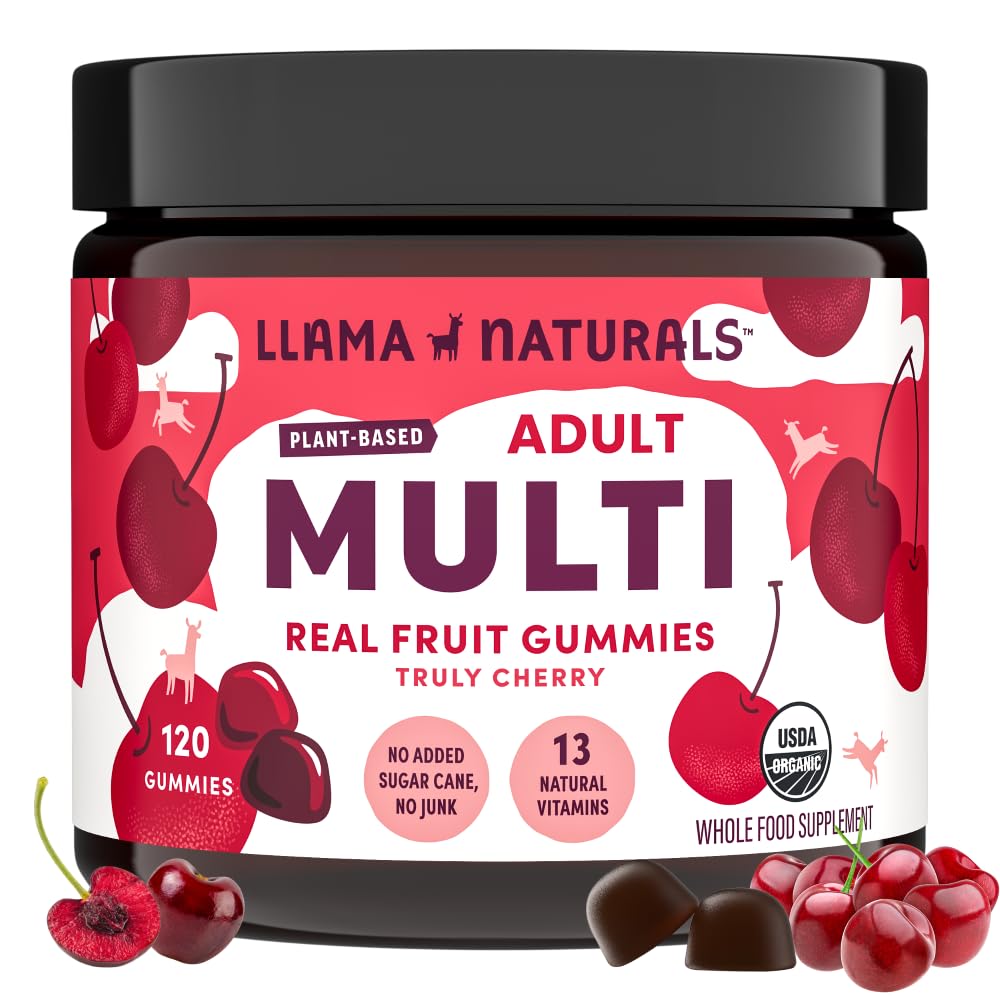 Llama Naturals Multivitamin for Women and Men, Vegan, Organic Gummies with Vitamin D, C and K, Adults Real Fruit Gummy Vitamins, Chewable Multivitamin Supplement, No Added Sugar Cane, Cherry, 120 Ct